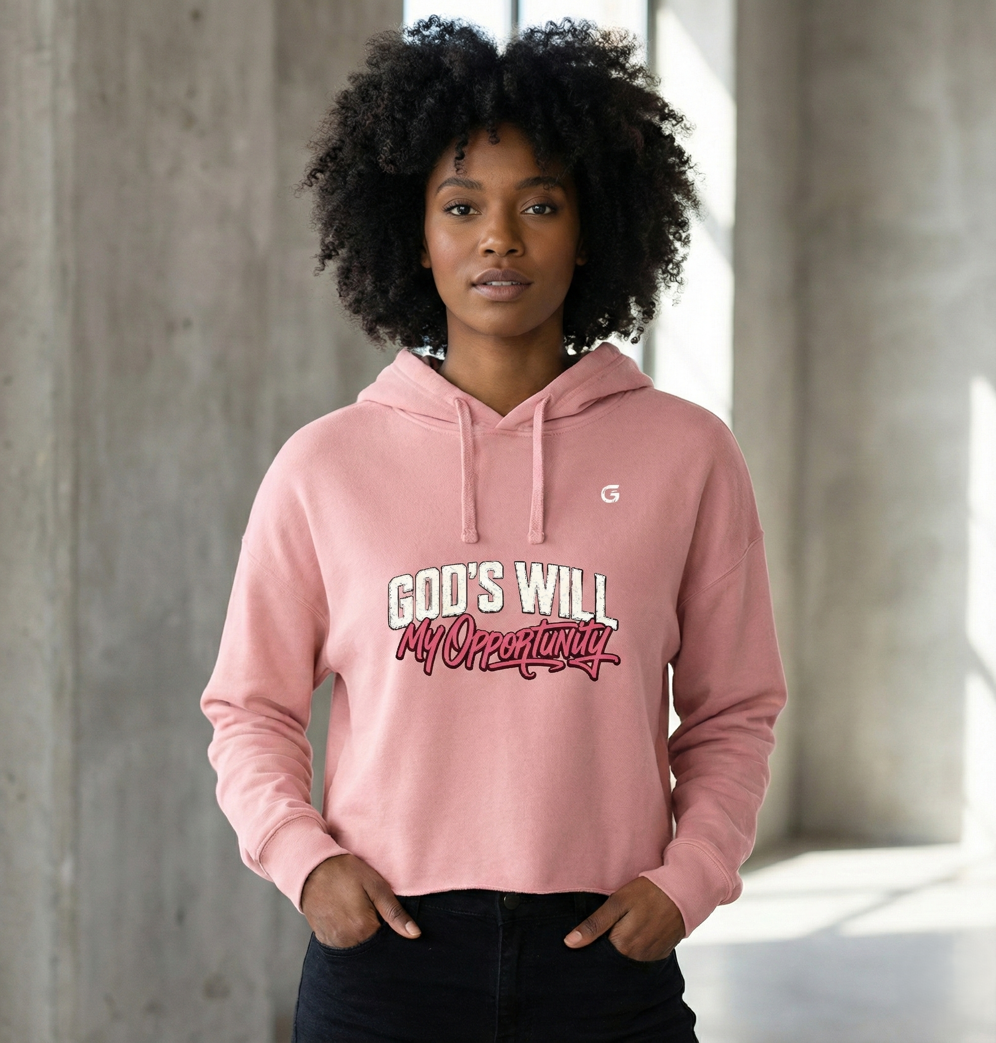 Women's Pink Crop Hoodie | "God's Will, My Opportunity" | Faith Graphic